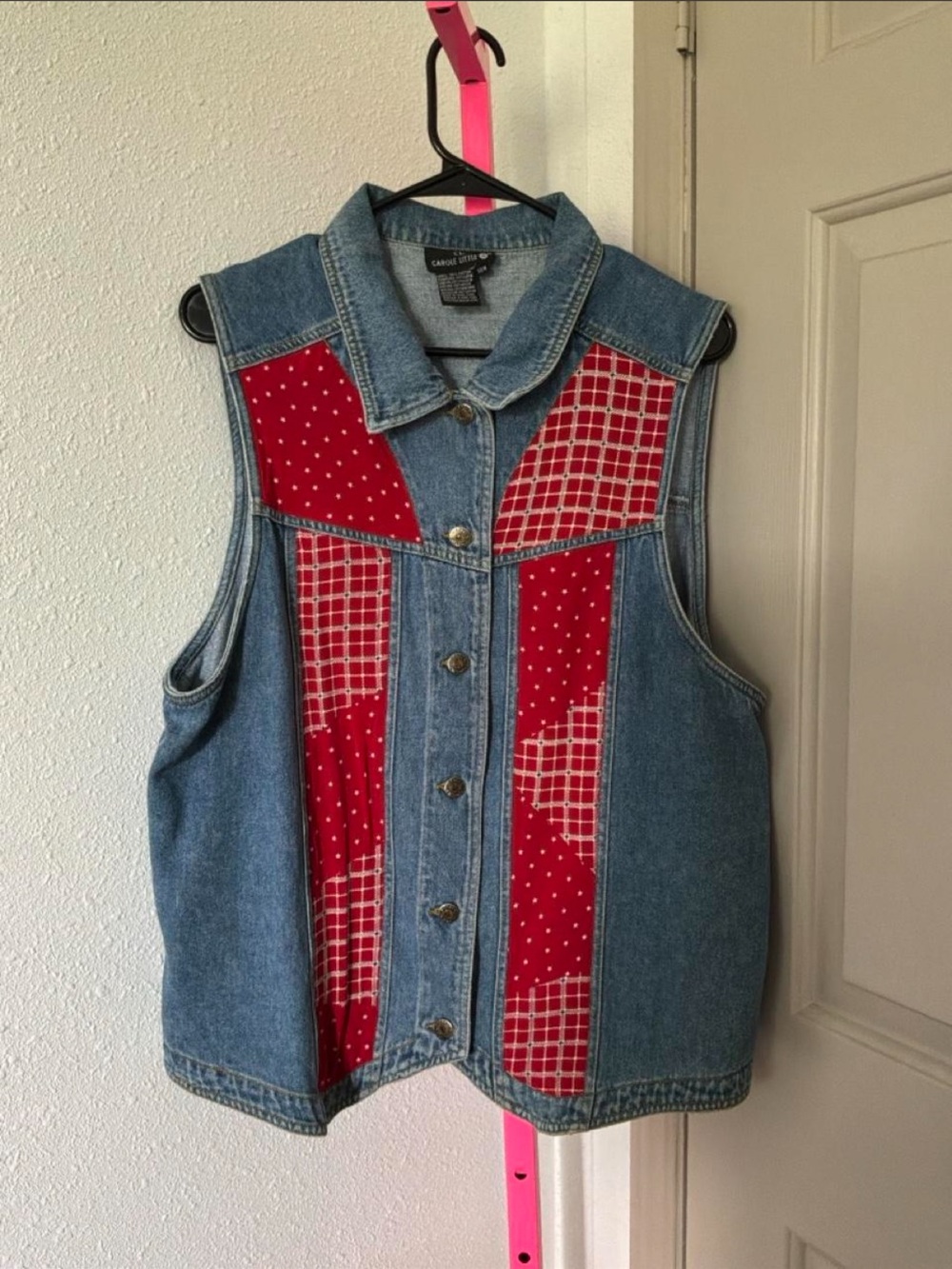 Vintage Denim Vest with Red Patchwork Panels
